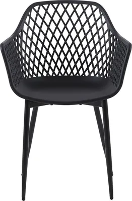 A black plastic chair with a diamond pattern back and four legs, shown from the front on a white background.