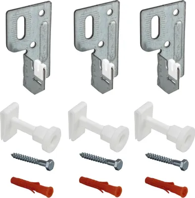 A set of three wall brackets for mounting heating elements, along with screws and wall plugs.