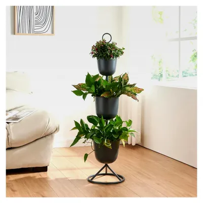 Produktbild von Blumenständer Alphen mit 3 Pflanztöpfen, Blumentopfregal, Pflanzenständer, Blumentopfhalter, Metall 110xØ28cm Schwarz