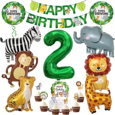 Zdjęcie produktu dla Dekoracja dżungla 2 urodziny zwierzęta safari zestaw balonów foliowych 17 szt