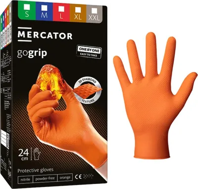 Immagine prodotto di Guanti monouso in nitrile, extra resistenti, no polvere, no lattice, per meccanici, tatuatori, ristorazione, guanti da lavoro professionali, arancioni taglia M,Premium Mercator GoGrip One by One,set 100 pezzi