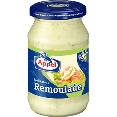 A jar of Appel Delikatess Remoulade on a white background.
