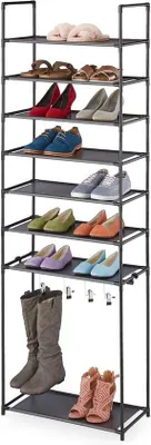 Image de étagère à chaussures à 8 étages pour 16 paires - métal noir & tissu Étagère de rangement pour couloir - pinces à bottes