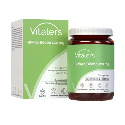 Produktbild von Vitaler's Ginkgo Biloba 120 mg - 60 Kapseln, Vegan, 2 Monate Supplementation Keine Konservierungsstoffe, Reine Zusammensetzung