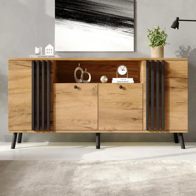 Produktbild von Merax Sideboard Kommode mit 4 Türen und 6 Massivholzbeine, Stauraumschrank aus MDF, 45 kg Tragkraft, Esszimmerschrank, Beistellschrank, Holz Schwarz