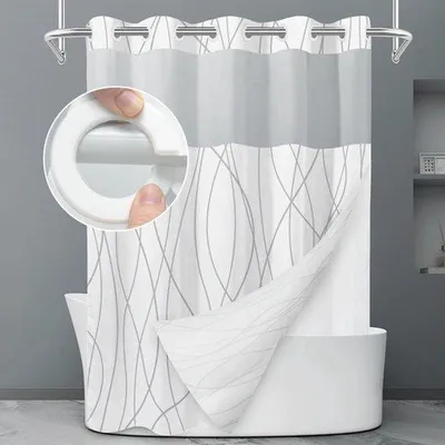 Produktbild von Grau-weiß gestreifter Duschvorhang ohne Haken, mit klickbarem Stoff-Innenset – Hotel-Innenset mit durchsichtigem Netzfenster, maschinenwaschbar, 180 x 180 cm