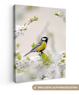 Produktbild von MuchoWow® - Leinwandbilder - Vogel - Kohlmeise - Blumen - Blütenbaum, Wandbild, Wanddeko Bilder Wohnzimmer, 30x40 cm