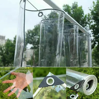 A collage of images showing a clear PVC tarp, a hand touching the tarp, a corner detail of the tarp, and a rolled-up tarp.