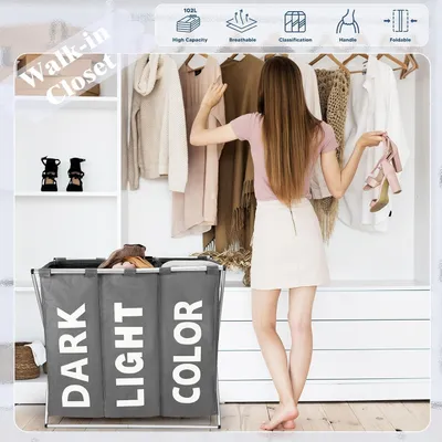 Image de Triable à linge, 3 compartiments, 100 litres, tissu Oxford gris, pliable, amovible, avec poignée