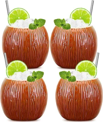 Zdjęcie produktu dla Ceramiczny kubek tiki 530ml - zestaw 4 szklanek do koktajli kokosowych
