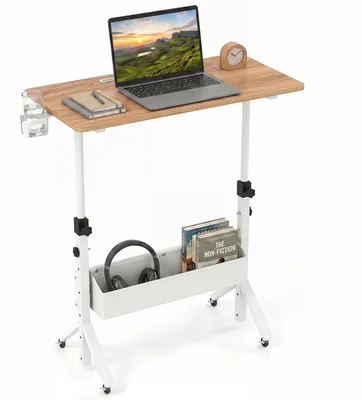 Productafbeelding van COSTWAY Verstelbaar sta bureau, hoogte 70-117 cm, mobiel bureau op wielen met stoffen mand, houder voor tablet en draaibare bekerhouder, sta-zittend laptop bureau