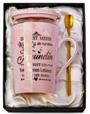 Immagine prodotto di Tazza in Vetroceramica rosa da 14 once con coperchio e cucchiaino, set regalo per amica