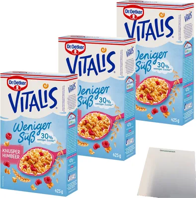 Produktbild von Dr. Oetker Vitalis weniger Süß Knusper Himbeere Müsli 3er Pack (3x425g Packung) + usy Block