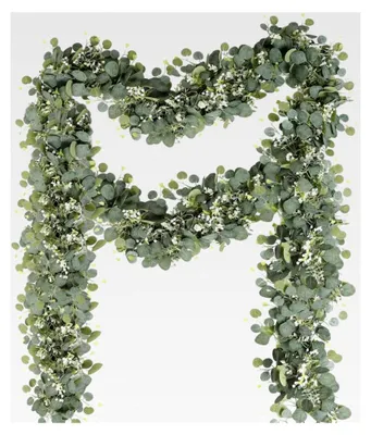 Produktbild von 2 Stück Eukalyptus-Girlanden, Künstliche Pflanzen 180 cm Hängende Blätter mit Weißen Blumen, Eukalyptus-Dekoration für Hochzeiten und Partys