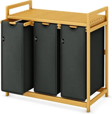 Immagine prodotto di Cesto per la biancheria con struttura - Organizzatore per abiti - Contenitore per la separazione dei vestiti - Tre scomparti - 150 litri - Grigio