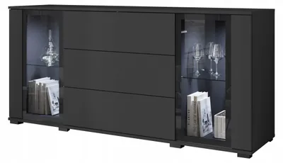 Obrázek produktu pro Komoda o šířce 150 cm do obývacího pokoje, skříňka se skleněnými dvířky, zásuvky, police, matná černá barva