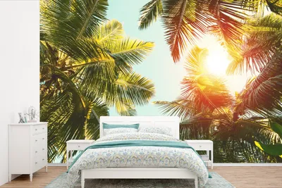 Produktbild von MuchoWow® Fototapete für Wohnzimmer oder Schlafzimmer Wandtapete Vinyl Motivtapete Palme - Sonne - Sommer - 450x300 cm - Gemusterte