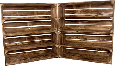 Produktbild von 6x HOLZKISTEN GEFLAMMT / NEU / 68x40x31 cm / breites, stapelbares Schuhregal, betonte Holzoptik