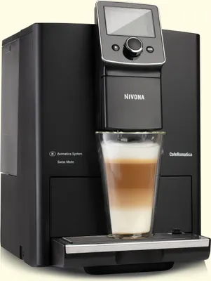 A black Nivona espresso machine with a latte in a glass in front of it.