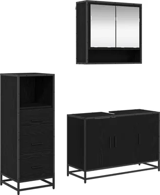 Image de vidaXL Ensemble de meubles de salle de bain, 3 pièces, noir, imitation chêne, matériau composite en bois