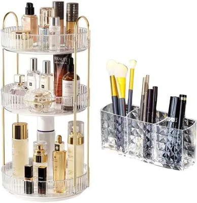 Imagen del producto de Azomor®: Organizador giratorio para maquillaje con tres niveles, ideal para un almacenamiento óptimo en el hogar