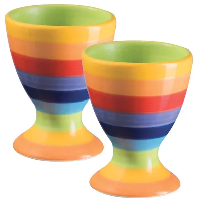 Eierbecher 2er Set, handbemalt, Regenbogenstreifen, Keramik, 7 cm
