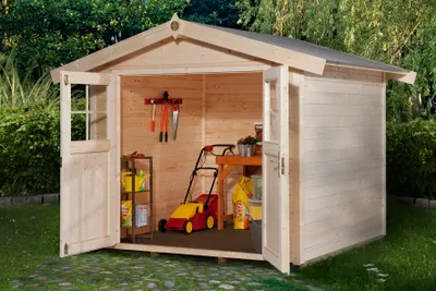 Produktbild von WEKA 122.2421.00.04 Gartenhaus/Blockbohlenhaus Garmisch 2 ohne Boden/Doppeltür ; Größe 1 ; Farbgebung: Naturbelassen ; Wandstärke: 28 mm ; Maße (LxBxH): 240 cm x 205 cm x 237 cm ; Seitenwandhöhe: 199 cm