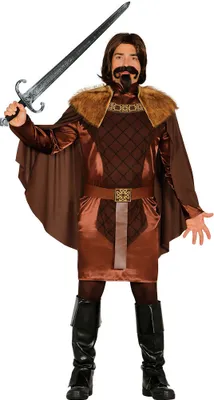 A man wearing a knight costume holding a sword.