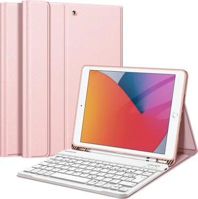 Produktbild von Fintie Tastatur Hülle für iPad 10.2 Zoll (9/8/ 7 Generation - 2021/2020/2019), Schutzhülle mit TPU Rückschale, Pencil Halter und magnetisch Abnehmbarer Tastatur mit QWERTZ Layout, Roségold