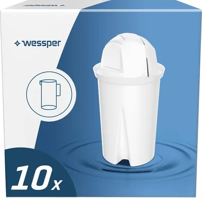 A white water filter cartridge is shown in front of a blue background with water ripples. The packaging has the brand logo and product information.