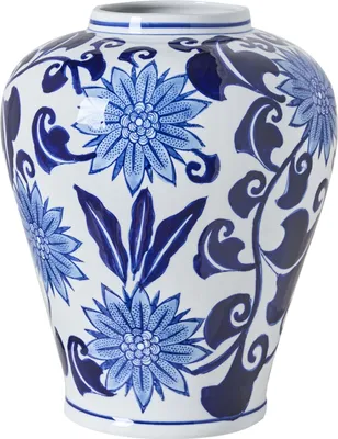 Produktbild von BELIANI Blumenvase Weiß u. Blau Porzellan 35 cm Hoch Groß Gewölbt Handgemacht mit Blumenmuster Chinesische Vase Dekovase Keramikvase Bodenvase