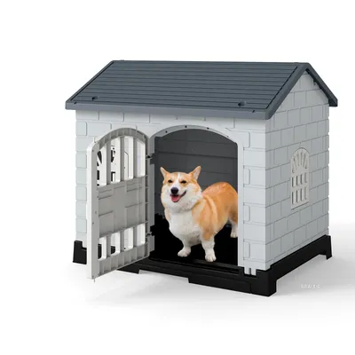 Produktbild von COSTWAY 75x57x68 cm Hundehütte Outdoor, wetterfestes Hundehaus mit Tür, 3 Fenstern, ausnehmbarem Boden&Satteldach, Haustierhaus Hundekäfig Indoor Grau