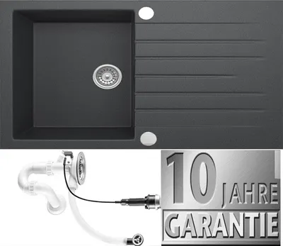 A collage showing a black granite kitchen sink, plumbing parts, and a warranty badge.