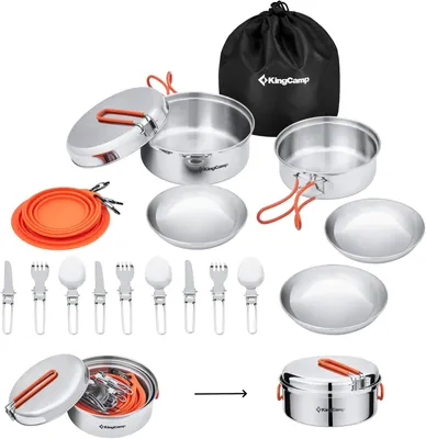 Produktbild von Camping-Kochgeschirr-Set – 25-teiliges Edelstahl-Topfset und Geschirr für 3 Personen