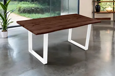 Produktbild von Esstisch Josy | 180 x 90 cm | Holz Nussbaum-Optik | U-Gestell Metall weiß | 40 mm Tischplatte mit Baumkante | Tisch für Esszimmer & Küche