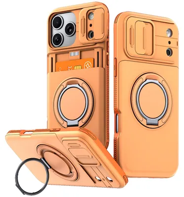 Produktbild von Handyhülle mit Kartenfach für iPhone 17 Pro Max, Schiebe Kameraschutz, Ringhalter Ständer, Stoßfeste Schutzhülle Orange