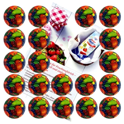 Produktbild von 20er Set Deckel To 82 Obst Dekor passend für 230ml / 350ml / 435ml Gläser incl. Diamant-Zucker Gelierzauber Rezeptheft