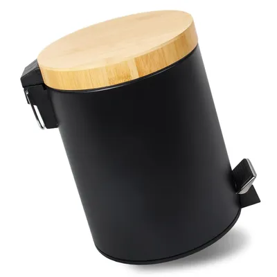 Produktbild von Theo Cleo Mülleimer Bad mit Holzdeckel und Inneneimer Adonis Badezimmer Mülleimer Softclose Kosmetikeimer Abfalleimer (Schwarz 3L)