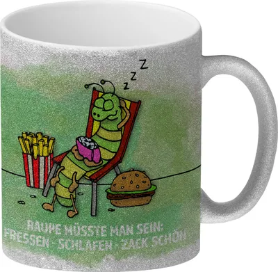 Produktbild von Fressen, schlafen, zack. Schön! Glitzer-Glitzer-Kaffeebecher mit Raupe