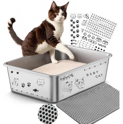 Image de Litière pour chat en acier inoxydable, ouverte, dimensions 50x35x20 cm, taille XXL, sans odeur, facile à nettoyer, antidérapante