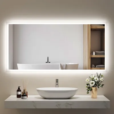 Obrázek produktu pro EMKE LED koupelnové zrcadlo 120 x 60 cm s osvětlením a protizamlžovací úpravou, nástěnné zrcadlo s mechanickým spínačem Koupelnové zrcadlo 3000 K/6500 K barvy světla