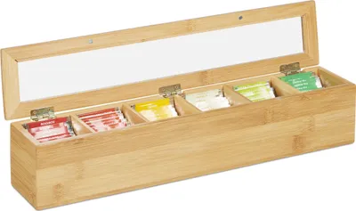 Produktbild von Relaxdays Teebox Bambus, 6 Fächer, 72 Teebeutel, Klappdeckel, Aromaschutz, längliche Teekiste, HBT: 9 x 44 x 9 cm, natur