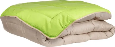 A folded comforter or duvet with a green top and beige underside, presented on a white background.