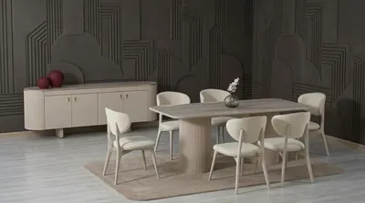 Image de Ensemble de salle à manger : table, 6 chaises, console en bois imitation marbre, style moderne