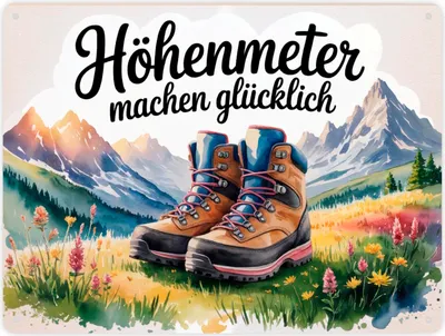 Produktbild von Bergwanderschuhe Metallschild XXL in 28x38 cm Höhenmeter machen glücklich