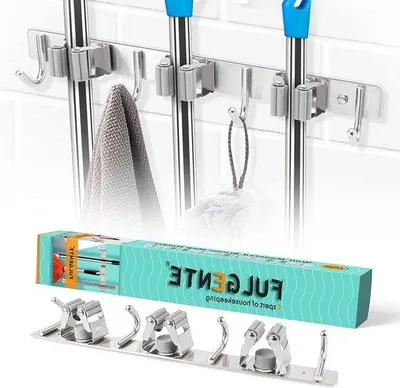 Imagen del producto de Soportes para varillas de acero, que incluyen tornillos y tiras adhesivas, con 3 soportes, 4 ganchos, de color gris