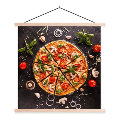 Produktbild von MuchoWow® Textilposter Pizza - Gemüse - Kräuter - Küche - Industrie 40x40 cm mit holzfarbenen Rahmen - Posterleiste