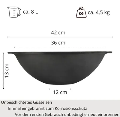 Produktbild von Gusseisen Wok 36 cm mit Deckel-Bratpfanne Kazan 8 L flacher Boden – Kessel für alle Herdarten, Induktion, Gas & Elektro – großer Asia Wok