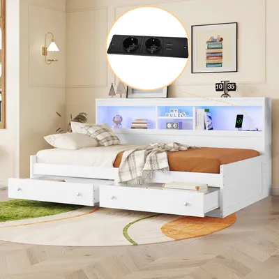 Produktbild von STILVORA Daybett 90x200cm mit Lattenrost und 2 Schubladen,Schlafsofa mit Ambiente-Beleuchtung und USB-Anschlüssen,Tagesbett mit Nachtkästchen