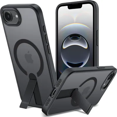 Three views of a black iPhone case with a kickstand and MagSafe compatibility.